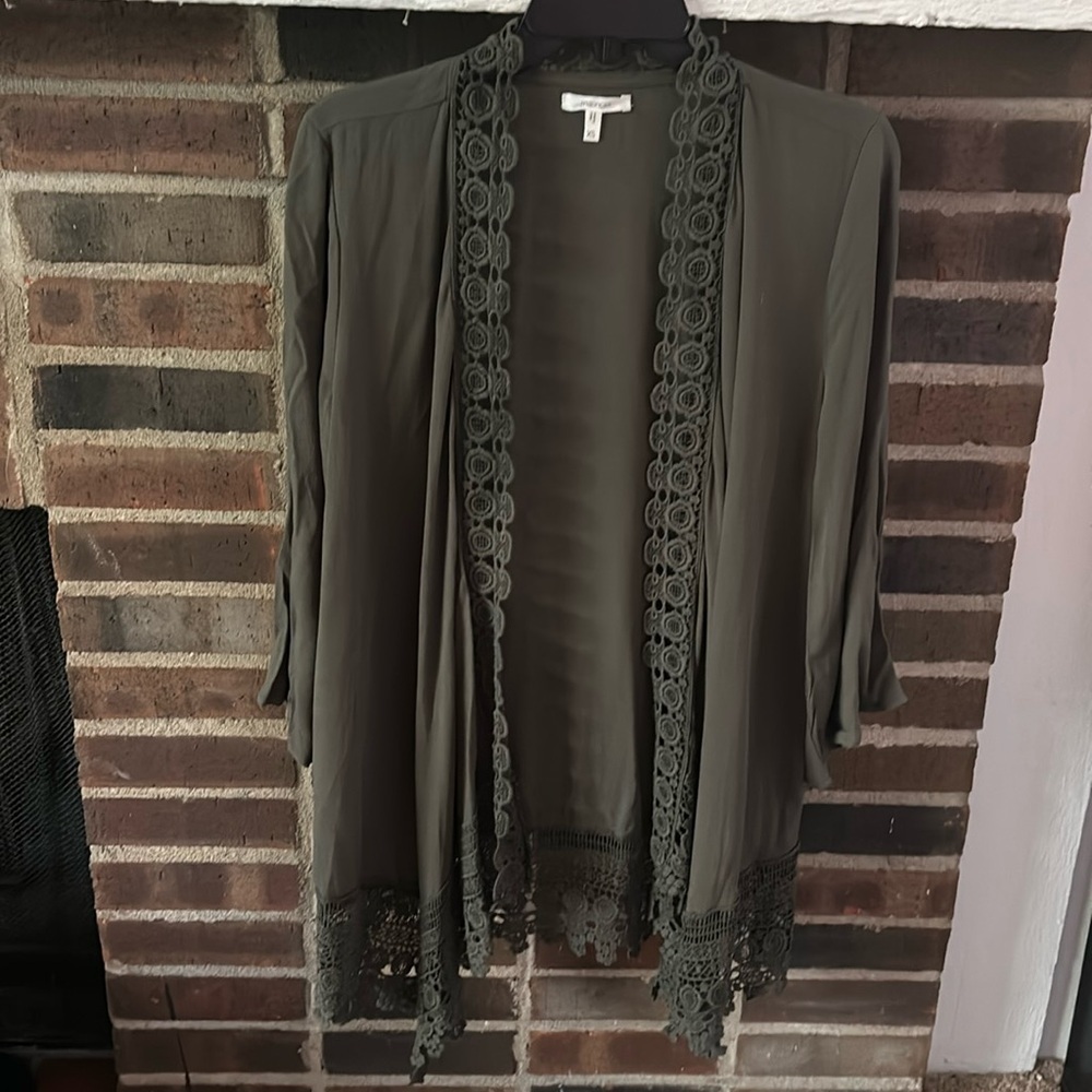 Womens Maurices Solid Cardigan Kimono Green Lace Trim Open Front, Size XS